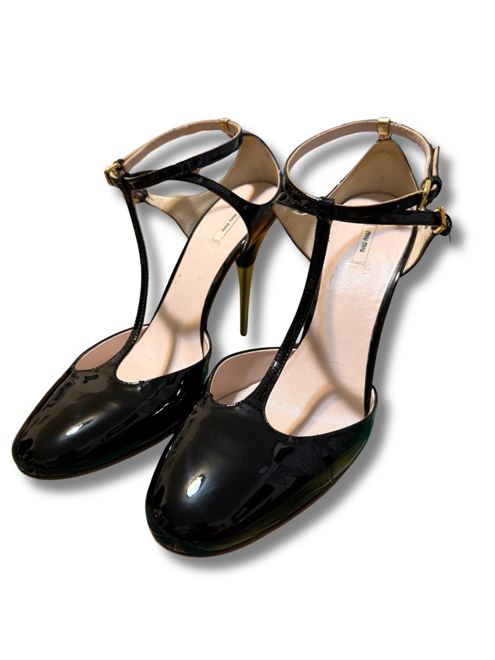 Miu Miu Black Patent T‑Strap High Heel Pumps with Gold Accents